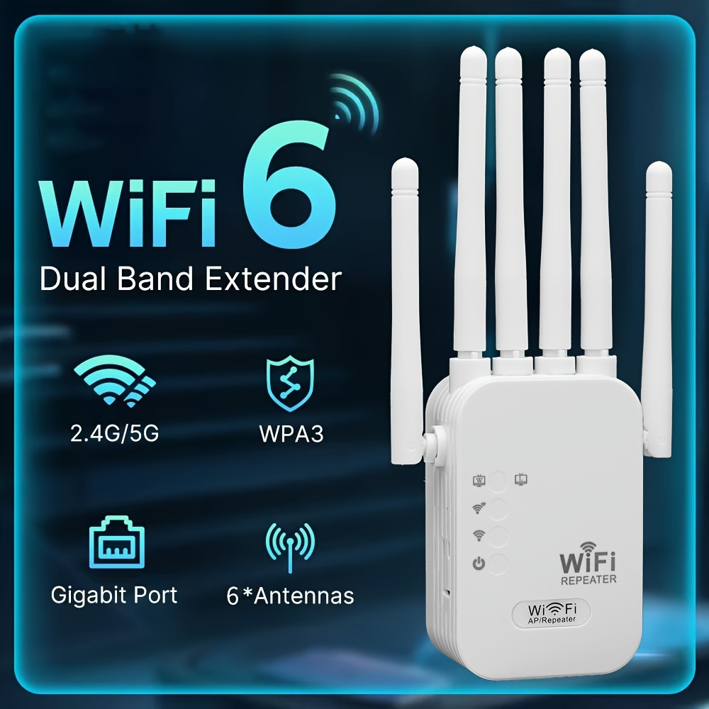 Dual Band Gigabit Ethernet Ports, WiFi 6 Extender, Works with Any Router, Universal Compatibility, 6 Antennas for 50+ Devices