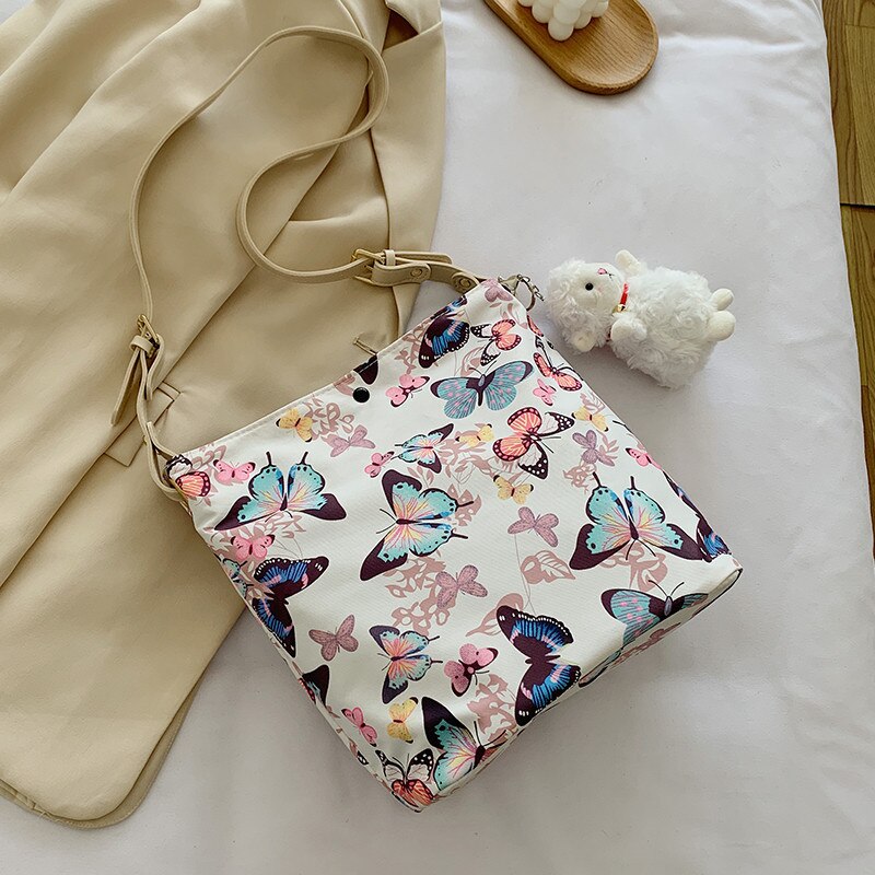 Sac messager en toile avec peinture à l'encre, sac seau de grande capacité avec impression papillon,: Rose