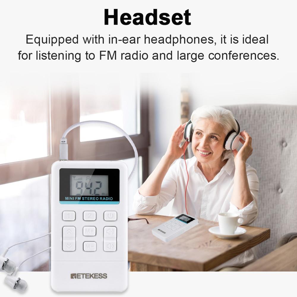 Retekess-radio FM portátil TR612, receptor de Radio de bolsillo con auricular de 3,5mm para reuniones grandes, interpretación simultánea
