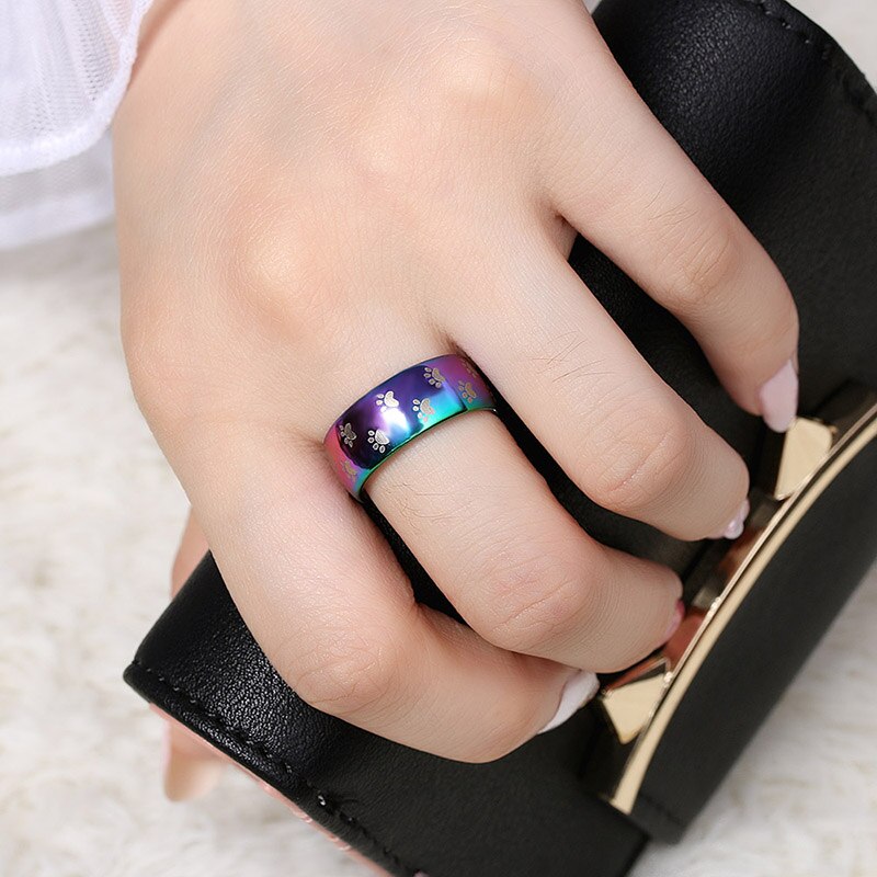 Nette Katze Hund Pfote Ring Schmuck Breite 8mm Edelstahl Regenbogen Ringe für Männer und Frauen Haustier Ebene Schmuck liebhaber