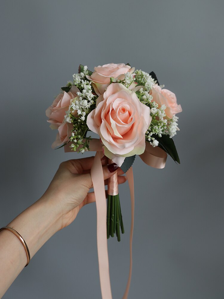 Janevini kunstbloemenmeisjesboeket wit roze blauw roos zijden bruidsmeisjes bruidshandbloemen rood klein bruidsboeket: Koraalroze