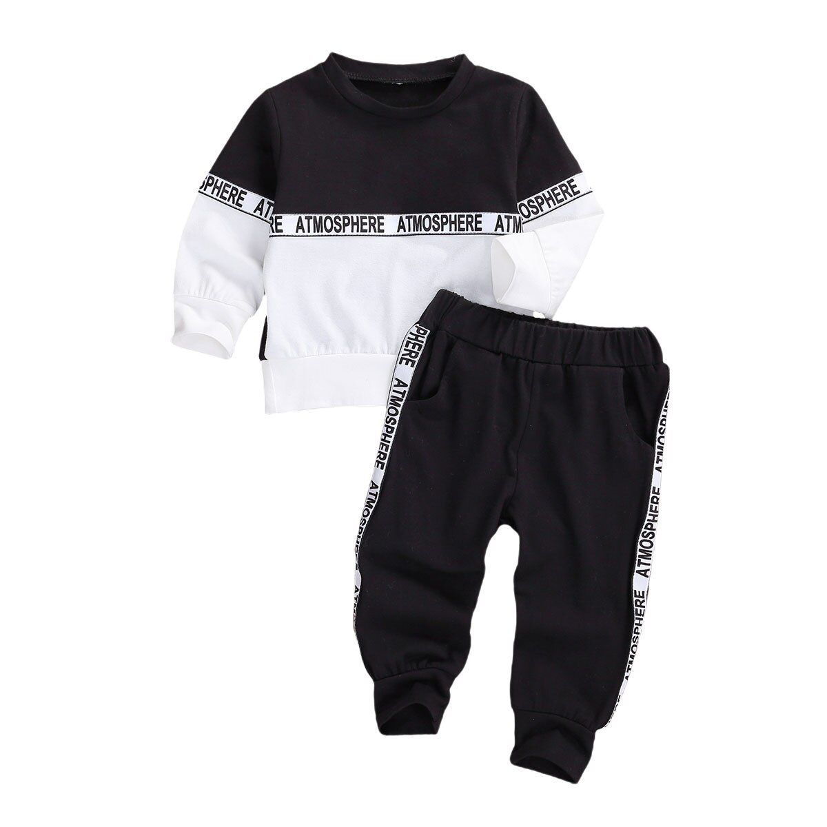 Herfst kinderpak lange mouwen broek pak persoonlijkheid stiksel ronde hals t-shirt + effen kleur elastische lange broek: Zwart / 18m