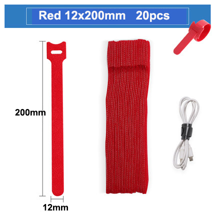 10pcs/Releasable Cable Ties Plastics Hook Loop Fastening Reusable Cable Ties Nylon Loop Wrap Zip Bundle T-type Cable Tie Wire: Red 12x200MM