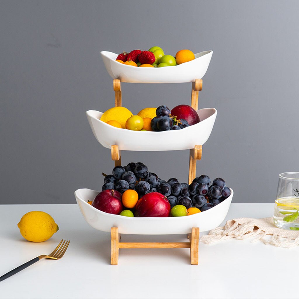 Panier à fruits en céramique moderne à 3 niveaux, porte-fruits en bois, bols de service de collation, cuisine