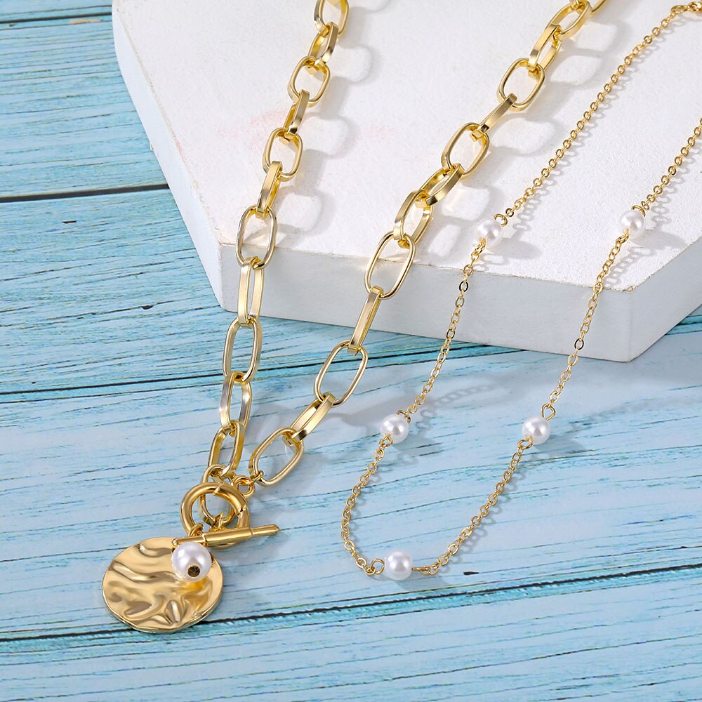 IPARAM Bohemian Multilayer Thick Chain Pendant Necklace Pearl Coin Geometric OT Buckle Necklace Jewelry