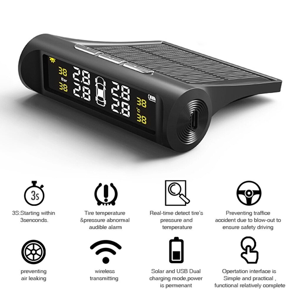 Smart Car TPMS Tyre Pressure Monitoring System Solar Power Digital LCD Display Auto Security Alarm Systems Tyre Pressur