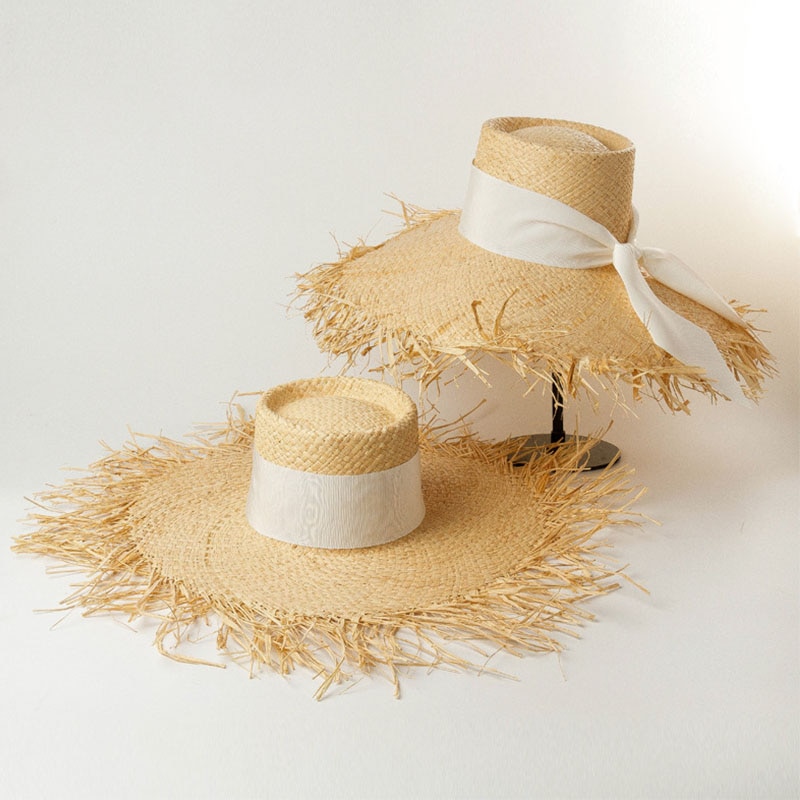 Sombreros Floppy de rafia elegantes para las mujeres negro blanco lazo visera del sol sombreros con flecos ala grande playa gorros con protección UV verano sombrero