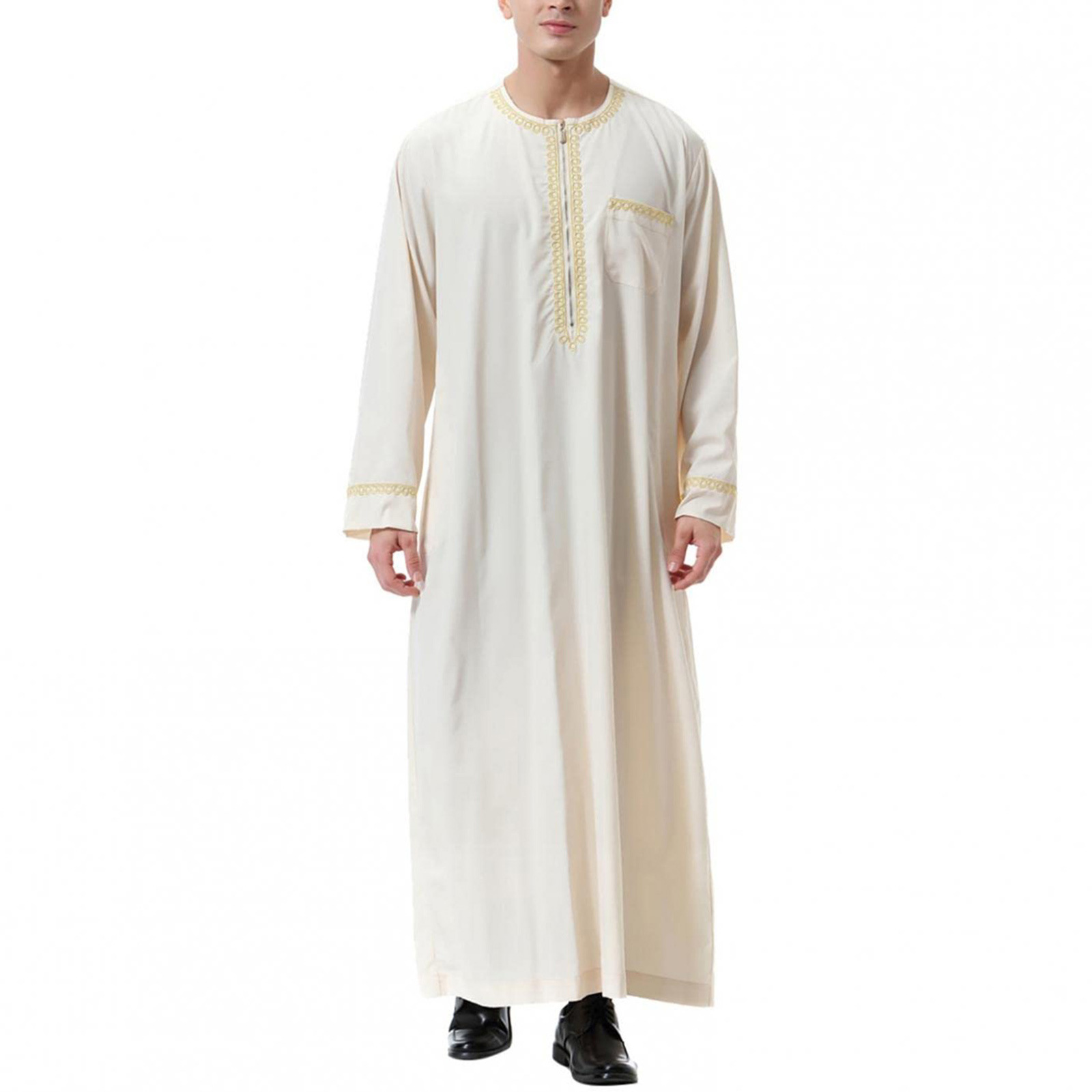 Mens Traditional Arab Thobe Middle Eastern Cultural Robe Round Neck Loose Fit Long Comfortable Islamic Clothing for Daily Wear: L / Cream