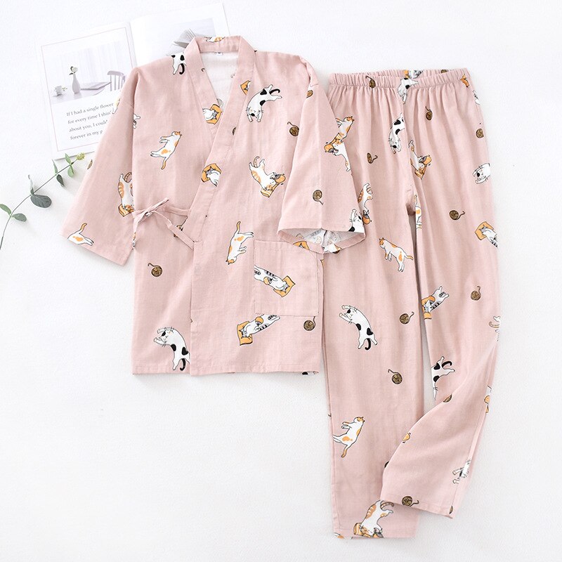 Japanse Stijl Kimono Katoen Nachtkleding Hoge Nachtkleding Dagelijks Nachtjapon Lingerie Sexy Leuke Pyjama Set Femme Pyjama: Pink women / M