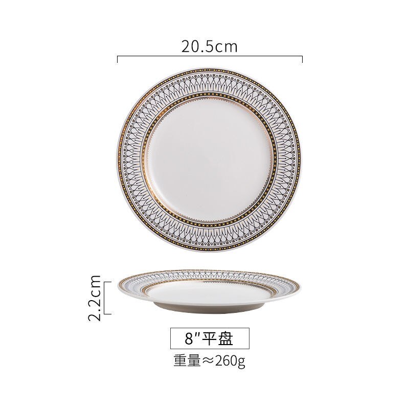 Vajilla de cerámica con borde de oro Retro de alto grado, plato para salsa, fideos, tazón de sopa, cuchara para cenas, juego de platos para carne, Deco para el hogar: Flat Plate-8inches