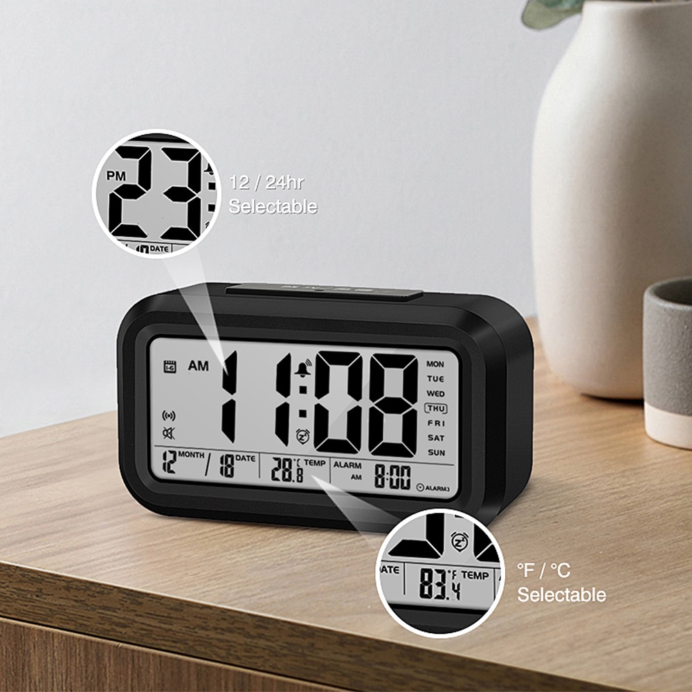Réveil numérique avec thermomètre et rétro-éclairage, horloge parlant, temps et température