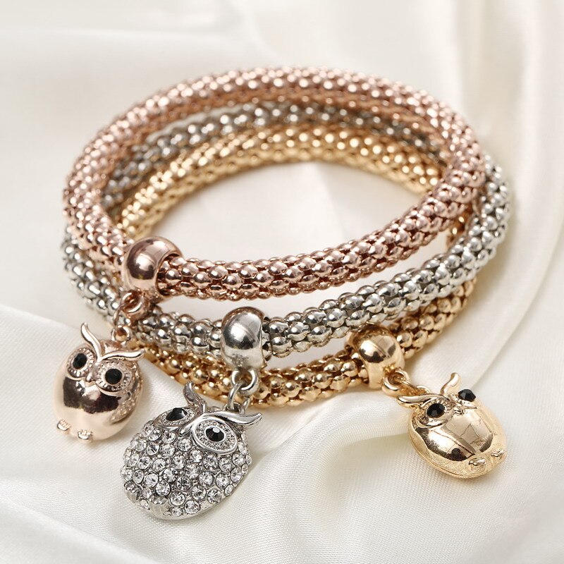 3 Teile/satz Eule Kristall Herz Armbinde & Armbinde Gold/Silverized Elefanten Anker Anhänger Weibliche Strass Armbinde