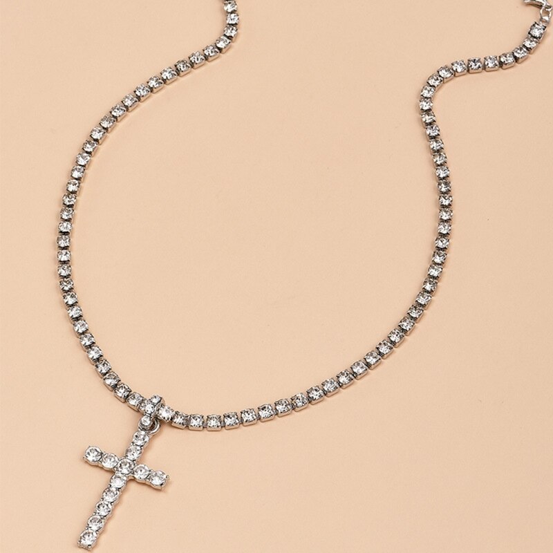 Glanzend Witte Kristallen Kruis Hanger Ketting Heilige Kristallen Kruis Hanger Met Rhinstone Chain Unisex Mode-sieraden