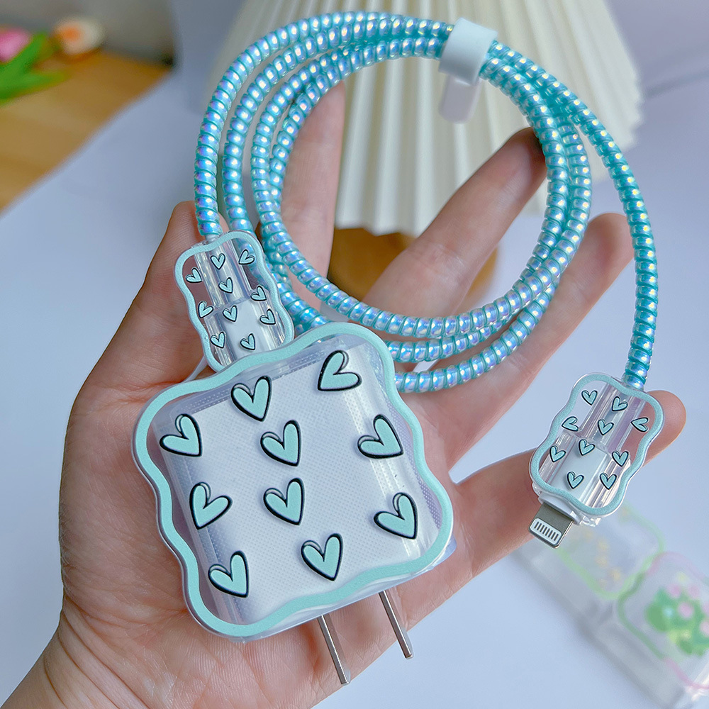 Charger Cable Protector for Apple Iphone 14 13 Cute Heart Wave Charger Case for Iphone 18W/20W US Adapter Data Protective Sleeve: black