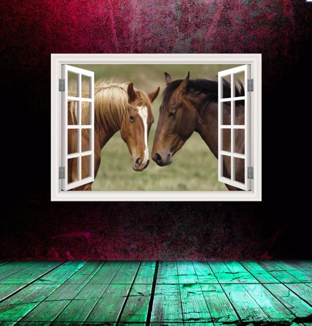 3d- effekt vindu vegg klistremerke to hester vinyl dekal dekor veggmaleri vegg klistremerke hjemmeinnredning