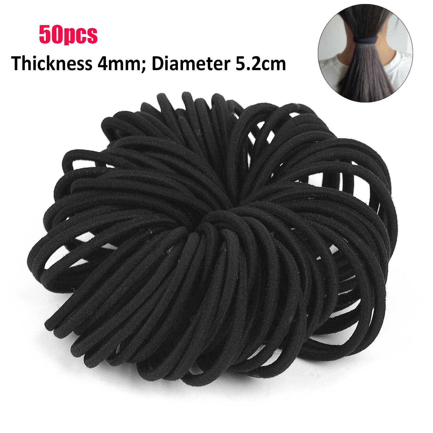 50 Stuks Zwarte Haarbanden Voor Vrouwen Meisjes Stap Size Haar Elastische Elastiekjes Basic Haar Banden Touw Paardenstaart Houder haarbanden Dikke: 4MM 50PCS