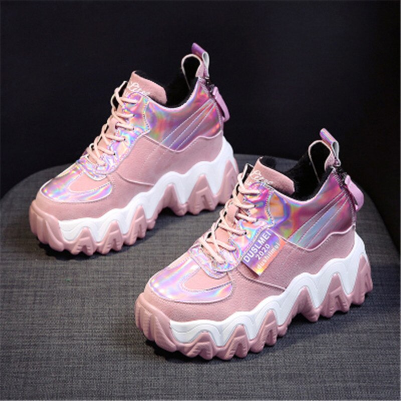 Dam chunky sneakers tjock nederdel sneakers dam kilklack dam läder sport pappa skor fritidsskor 7cm: Rosa / 37