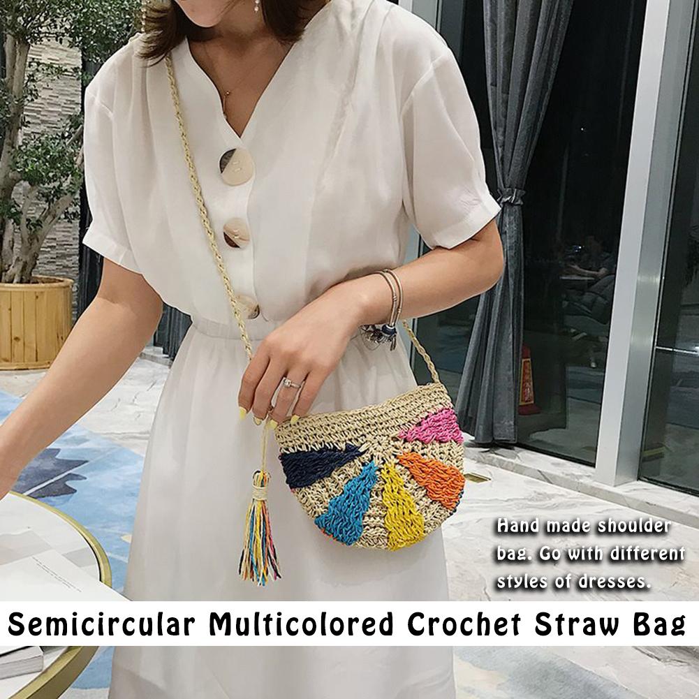 Dames schoudertas halfrond veelkleurige gehaakte strozak messenger geweven handtas bohemien stijl strandtassen