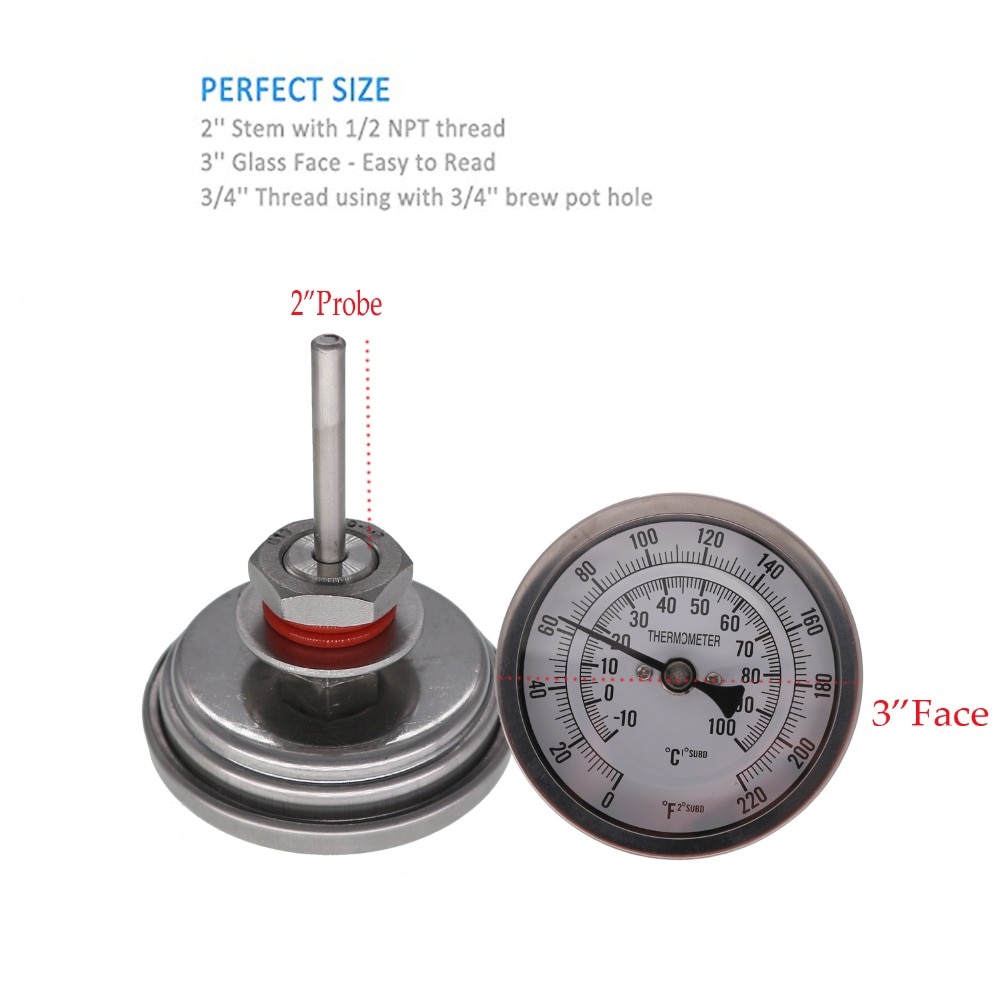 Bimetaal Thermometer 3 "Dial Analoge homebrew bier thermometer Weldless Kit 2" Probe 0-220 Graden