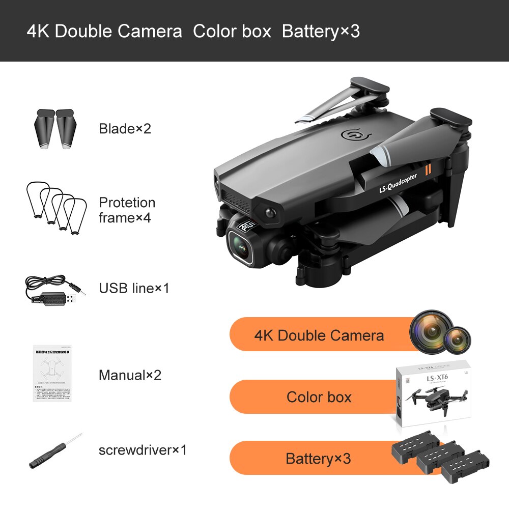 Mini Rc Drone XT6 4K 1080P HD Dual Camera WiFi FPV Air Pressure Altitude Hold Foldable Quadcopter Gps Dron for boy toys: DualCam 4K 3B Box