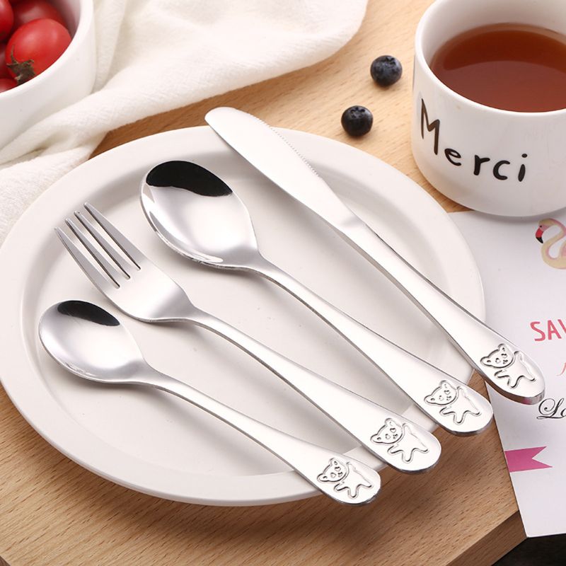 4 unids/set, utensilios tenedor cuchillo cucharadita cuchara alimentos alimentación de bebé de los niños de aprendizaje de los hábitos de alimentación de los niños cubiertos de acero inoxidable