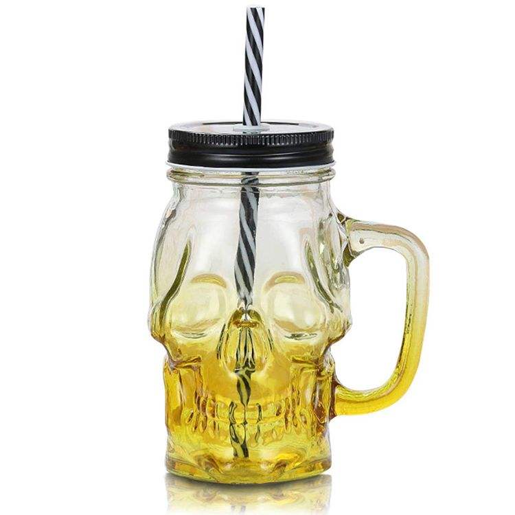 Dödskalle glas murare burk mugg tumlar kopp med lock och halm skalle ansikte glas bred mun murare burk dricksglas enkel burk 16oz: Gul