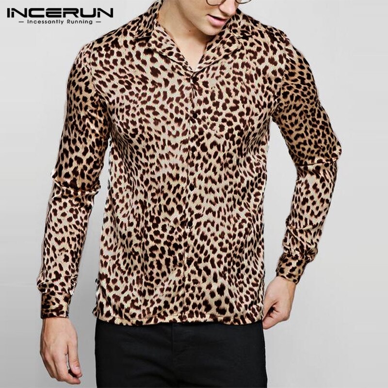 Leopardprint skjorte herre langærmet streetwear fest natklub skjorter toppe mænd camisa masculina plus size incerun