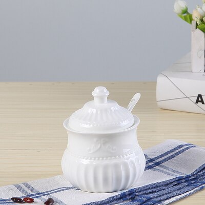 Tazón de azúcar de porcelana en relieve blanco liso con cuchara, contenedor de azúcar, tarro de azúcar, dispensador de azúcar de cerámica, tarro de sucrier con cuchara: B 1pc