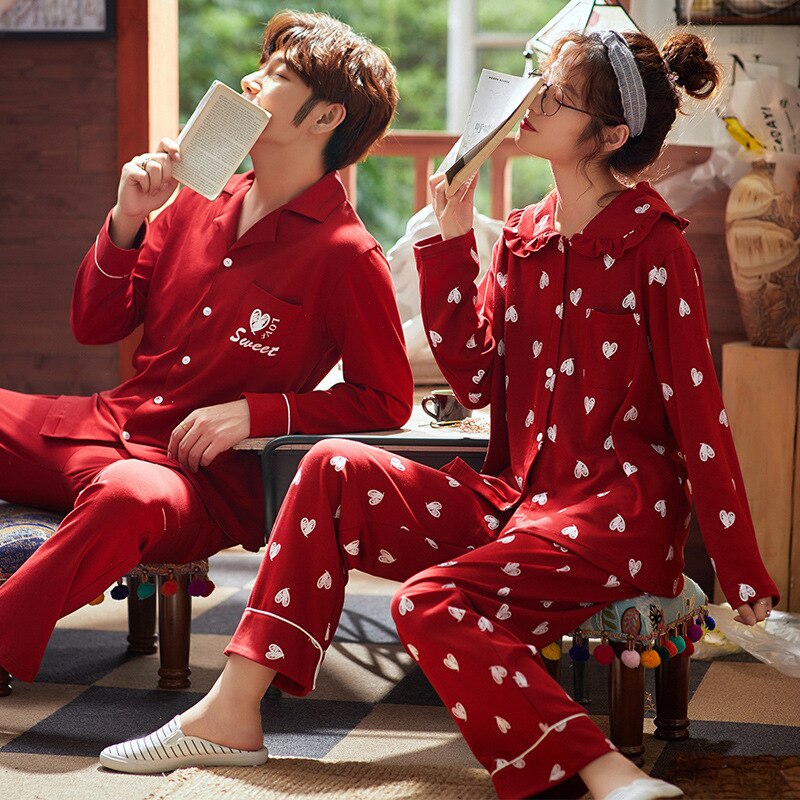 XIFER Autumn Winter Cotton Couple Pajamas Men Women Cotton Long-sleeved Red Wedding Homewear Large Size Love Pattern Pajamas Set