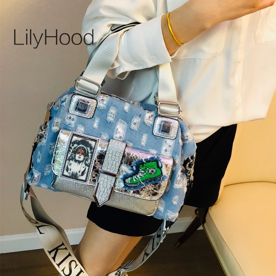 Sac à main en tissu Denim déchiré pour femmes, sacoche à la , , loisirs quotidiens, taille moyenne, Hobo