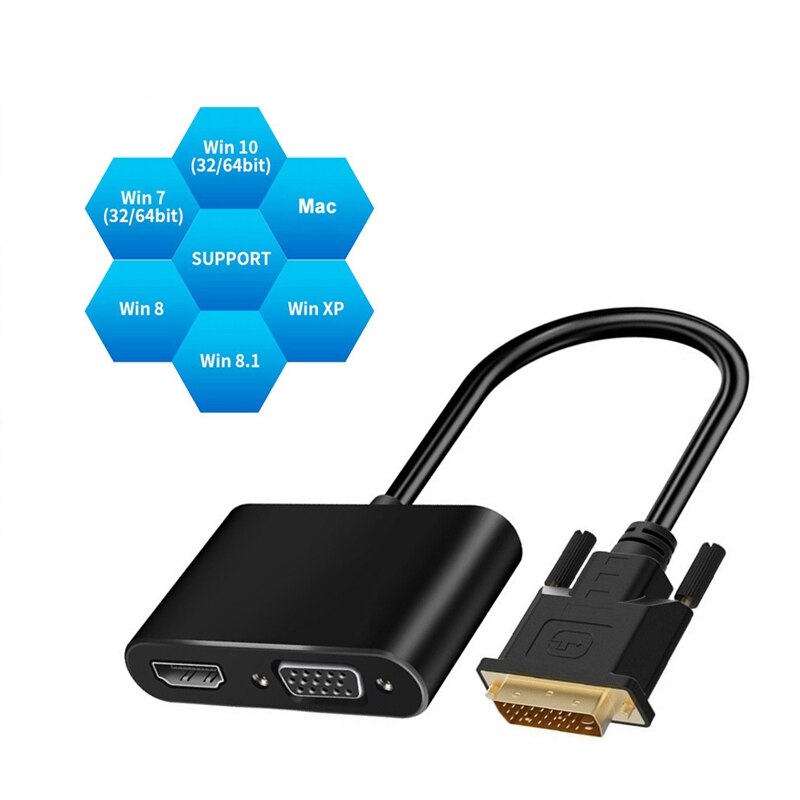 Dvi til hdmi+vga adapter 2 i 1 dvi omformer 1080p hd adapter egnet til tv, projektor, skjerm