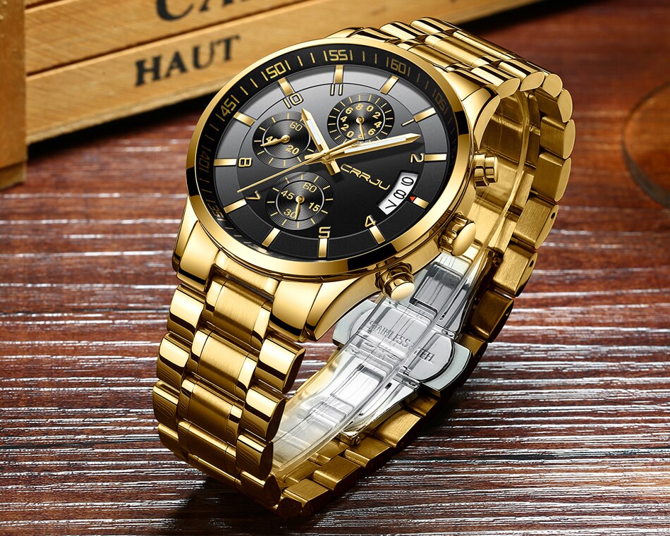 CRRJU cronógrafo relojes duraderos hombres Casual negocios impermeable oro negro Acero completo cuarzo reloj Relogio Masculino 2214