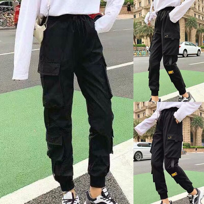 lässig Frauen Lauf Hosen Streetwear Ladung-Schlauch Schwarz Elastische Taille breite bein Jogger Hosen Weibliche verlieren Haren ausgebeult Hosen