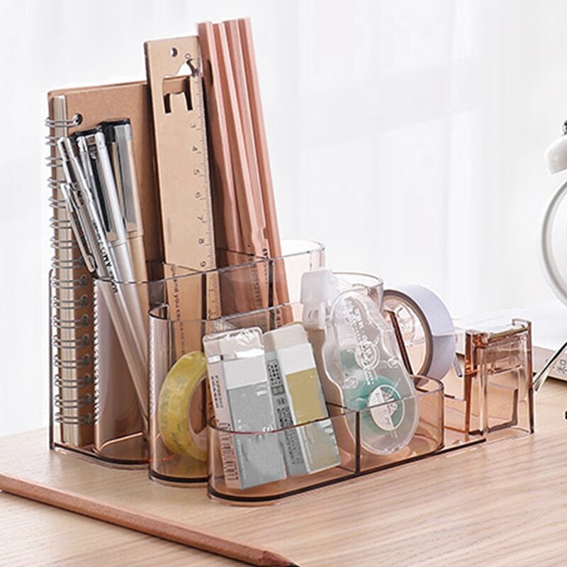 Multifunction Plastic Pen Holder Square Pencil Holder Book Stand Tape Dispenser Office Desktop Stationery Organizer Storage Box