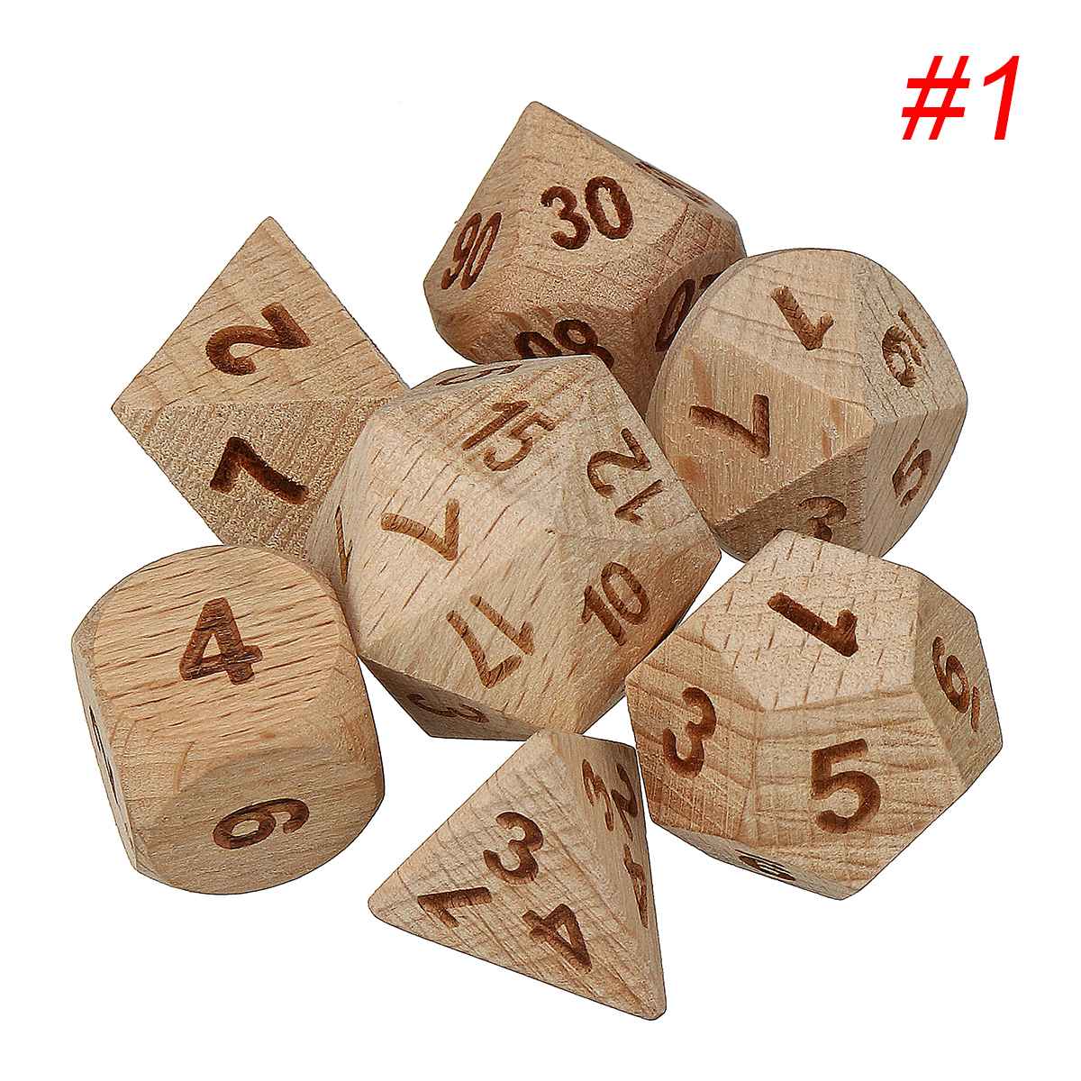 7pcs Set Embossed Wooden Polyhedral Dice D20 D12 D10 D8 D6 D4 for DND RPG MTG Role Playing Board Game: 1