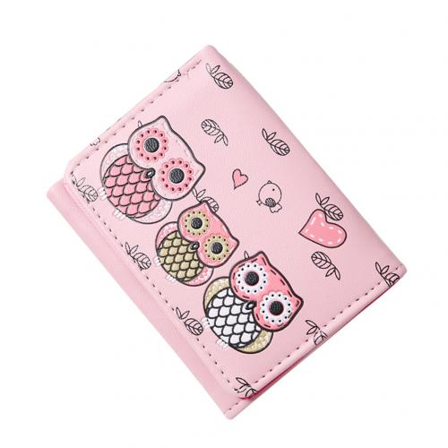 Porte-monnaie en Faux cuir pour femmes et filles, Mini portefeuille à trois volets, motif de hibou de dessin animé: Rose