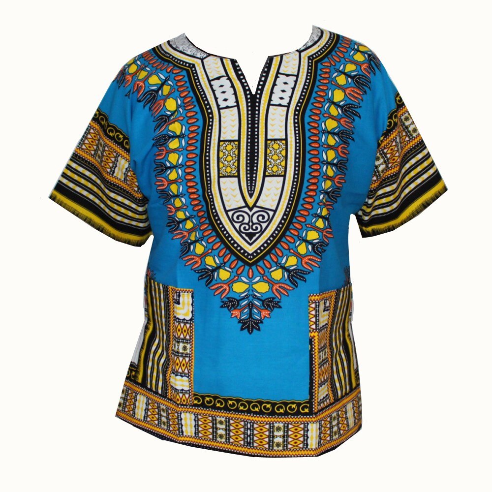 100% Katoen Afrikaanse Traditionele Print Korte Mouw Dashiki Kleding voor Mannen: Sky Blue