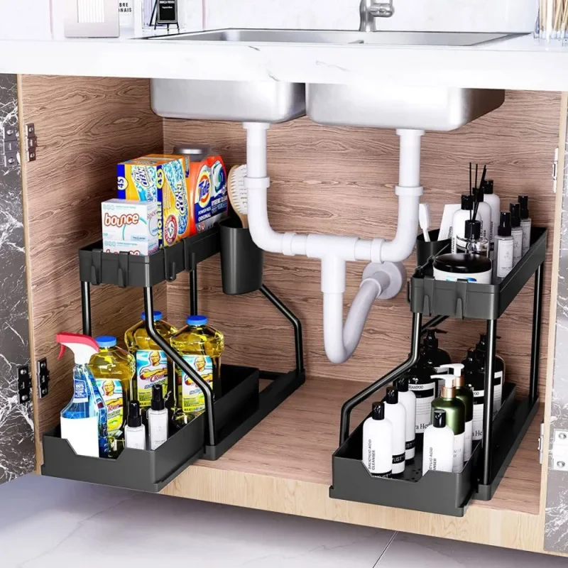 Under Sink Organizer Sliding Drawer 2 Layer Pull Out Multifunctional Shelf Kitchen Storage Organizer Bathroom Desktop Rack