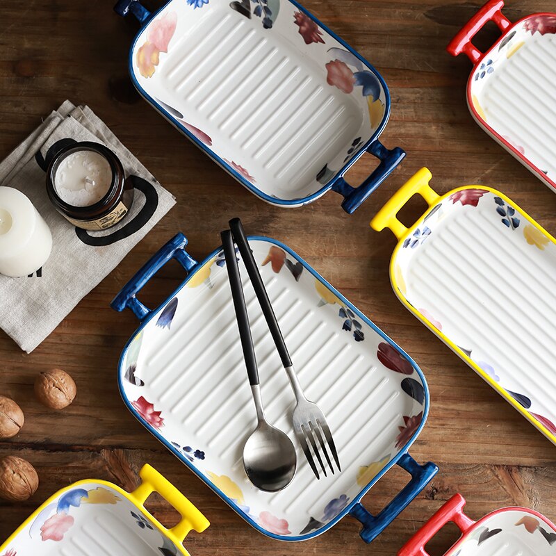 Japanese-style Art Ceramic Binaural Baking Tray Microwave Oven Dedicated Home Kitchen Baking Cheese Plate Western Food Tableware