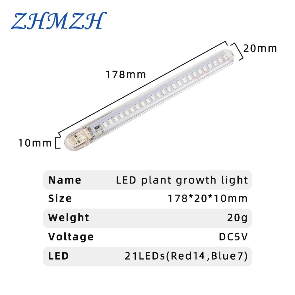 21 lysdioder plantevækstlampe usb bærbar led vokse lys fuldspektret phyto led voksende lys drevet af  dc5v adapter strømbank