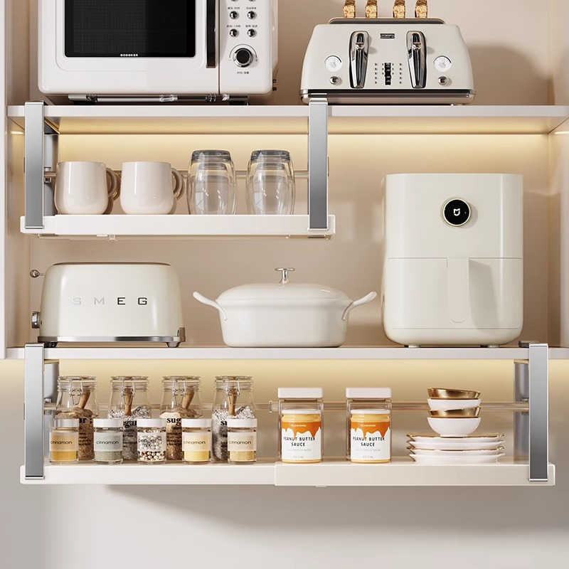 Armario de cocina debajo del estante colgante, capa colgante retráctil, cesta de almacenamiento multifuncional, organizador de especias, accesorios para gabinete