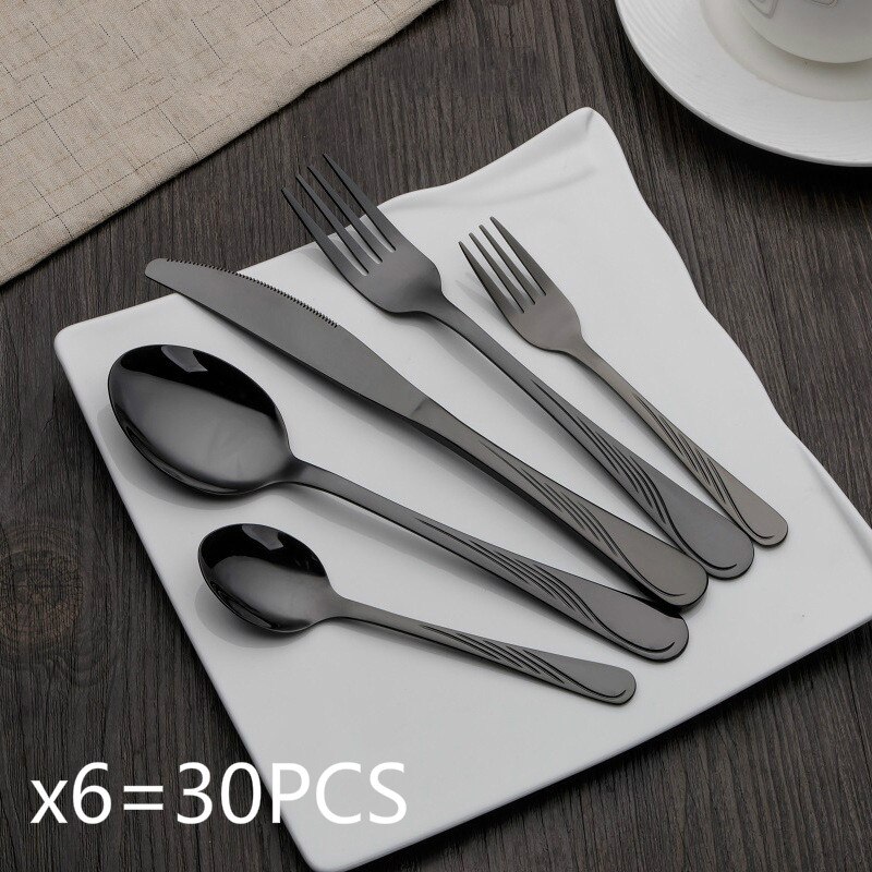 24/30 PCS Western Food Stainless Steel Cutlery Set Gold-plated Magic Cutlery Spoon/Fork/Knife Kit Dinnerware Sets: Black 30 PCS