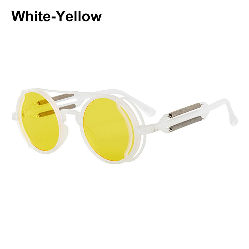 Gothic Punk UV400 Bescherming Trendy Ronde Zonnebril Steampunk Zonnebril Mannen Eyewear Zonnebril: White-Yellow