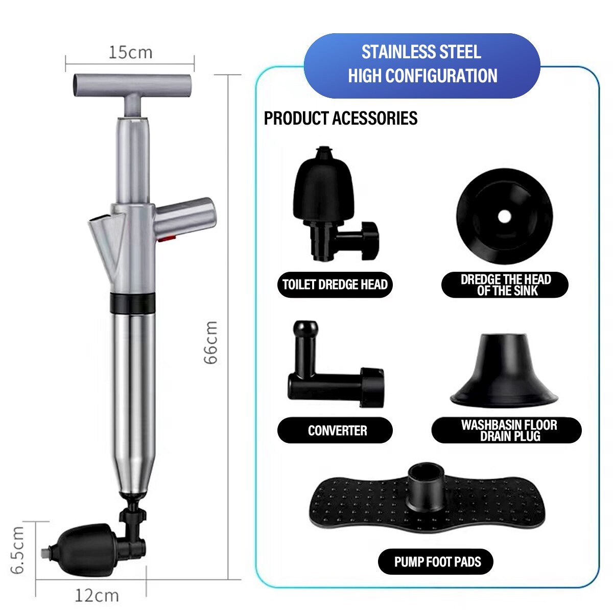 Pipe Plunger Drain Clog Remover High-Pressure Drain Dredge Removable Equipment for Home Toilet Bathroom Sink Floor Drainage: Grey