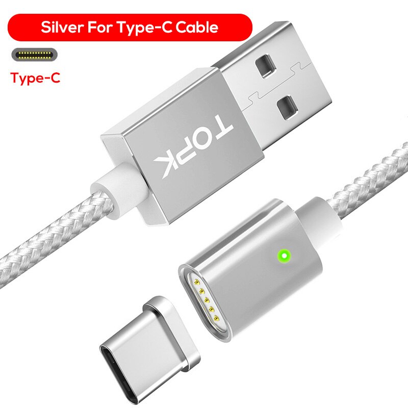 Topk f 線磁気 usb タイプ c ケーブル 5 v 2.4A ナイロン編組 led インジケータ usb c マグネット充電器 usb タイプ c 電話: Sliver Cable / 2M