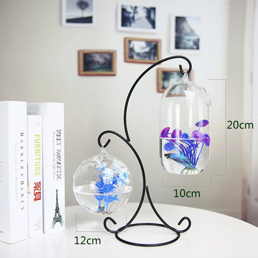 Mini Desktop Fish Tank Ornament Hanging Display Rack Aquarium Plant Pot With Metal Stand Home Decor Garden Supplies