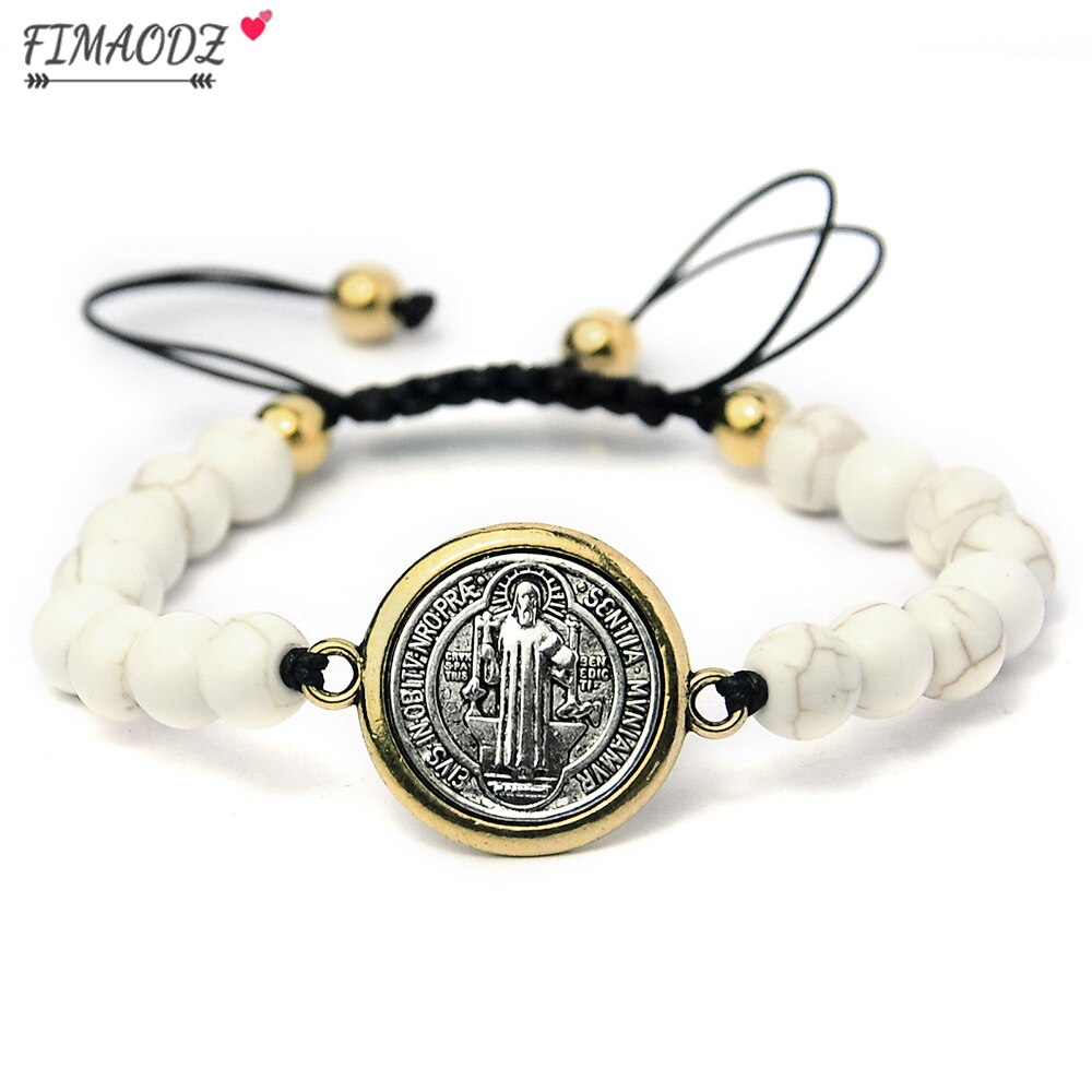 FIMAODZ Heilige Benedict Medaille Kreuz Armbinde Heilige Jesus Religiöse Holz Katholischen Symbol Armbänder Jahrgang Charme Armreifen Männer