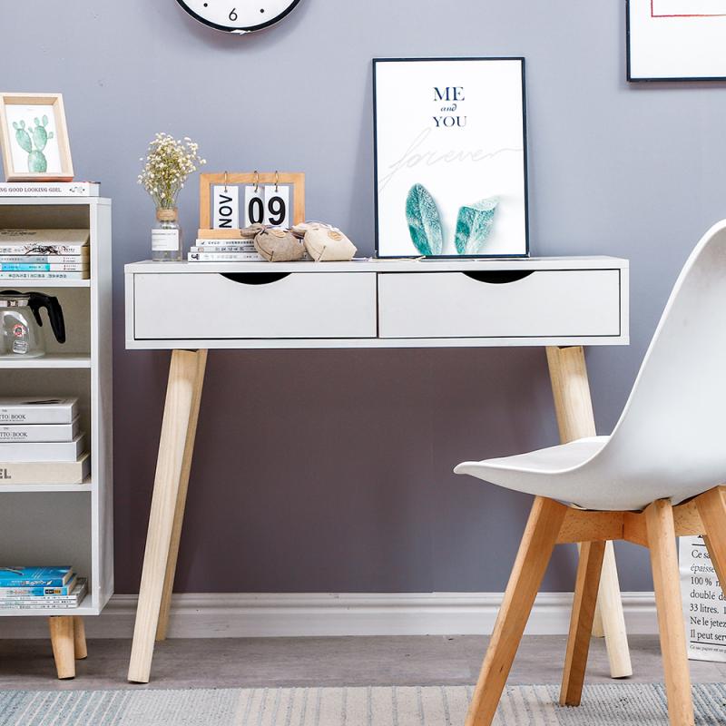 90*45*77CM White Simple Desk Double Drawer Desk Desk Dining Table Computer Desk Wooden Table Play Games Learn For Student HWC