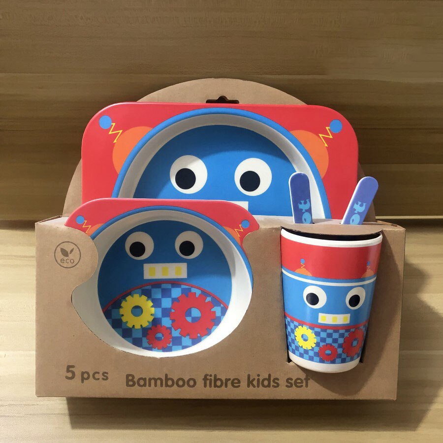 5pcs/set Baby Dish Tableware Children Cartoon Feeding Dishes Kids Natural Bamboo Fiber Dinnerware With Bowl Fork Cup Spoon Plate