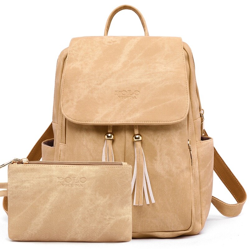 VICUNA POLO Large Capacity Womens Backpack Set With Clutch Wallet Leather Ladies Backpack Bag rucksack mochila: Khaki